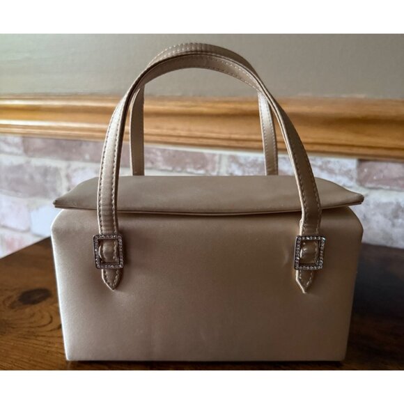 Vintage Franchi Gold Satin Box Handbag With Rhinestone Buckles & Double Handles - Picture 1 of 8